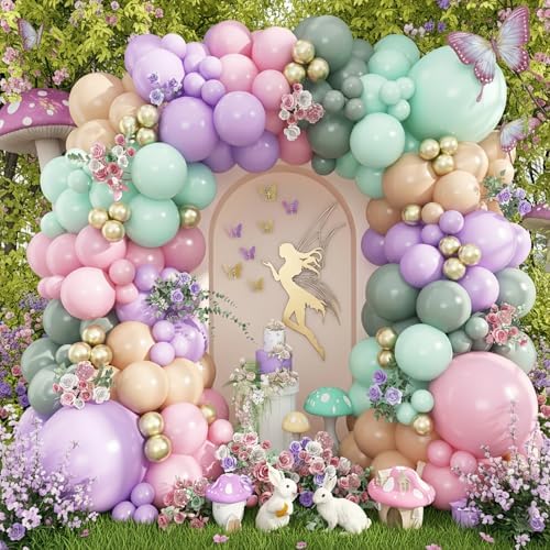 Fairy Balloon Arch Garland Kit, 125pcs Sage Green Pink Purple and Green Gold Spring Balloons for Girl Wonderland Fairy First Birthday Baby Shower Tea Party Wedding Wildflower Party Decorations by Paeyeq