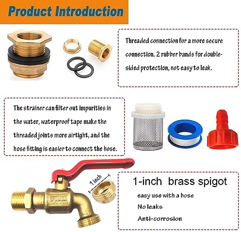 Rain Barrel Spigot, Brass Faucet Kit for Rain Water Barrel, Water Tanks, Tubs, Pools Etc, Turn Ball Valve Rain Barrel Spigot with Bulkhead Fitting Set, Hose Adapter, Filter Mesh and Tape - Image 3
