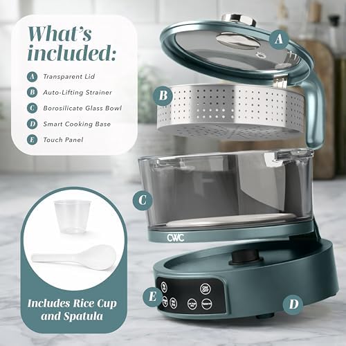 COOK WITH COLOR Glass Mini Low Carb Rice Cooker – Holds 2 Cups Raw/Makes 6 Cups Cooked with Auto Lift Filter Basket, Hotpot & Steamer for Rice, Grains, Digital Panel with Keep Warm, Slate Blue - Image 2
