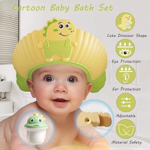 Baby Shower Cap Shield, Bath set shower cap/water cup/massage brush for Eye and Ear Protection, Cute Dinosaur Shape for 0-9 Years Old Children (Yellow) - Image 2