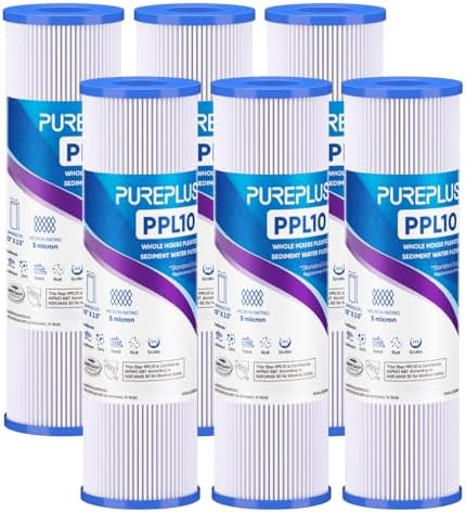 PUREPLUS 5 Micron 10"x2.5" Whole House Pleated Sediment Filter PPL10 6 Pack by PUREPLUS