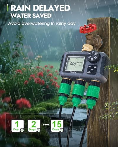 Insoma 3 Outlet Sprinkler Timer Brass Inlet & Outlet, Programmable Garden Hose Timer with Rain Delay, Manual& Automatic Watering System - Image 5