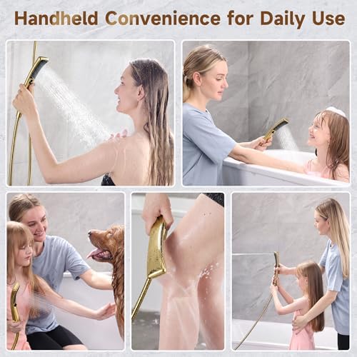 BRIGHT SHOWERS Dual Shower Head with Handheld, High Pressure Rainfall Shower Head Combo, 60-Inch Stainless Steel Hose, Brushed Gold - Image 5