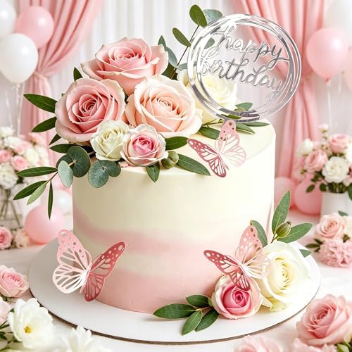 Flower Cake Toppers, Happy Birthday Rose Gold Cake Decorations with Artificial Flowers Butterfly Balls for Wedding Baby Shower Birthday Party Supplies (Pink) - Image 7