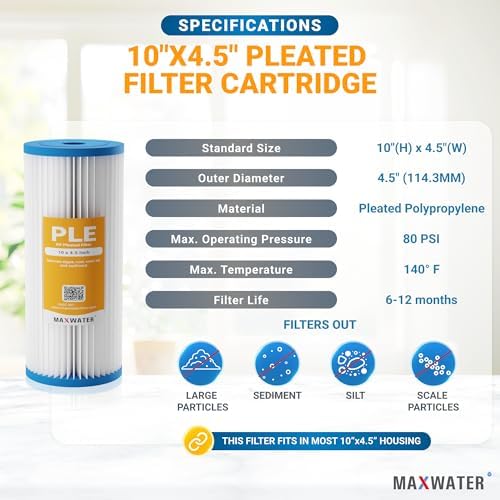 Max Water 25 Micron 10 x 4.5 Pleated Sediment Water Filter, Washable Replacement Cartridge for 10" BB Whole House Systems Compatible with R50-BBSA, FXHSC, WFHDC3001, W50PEHD, GXWH40L (2 Pack) - Image 2