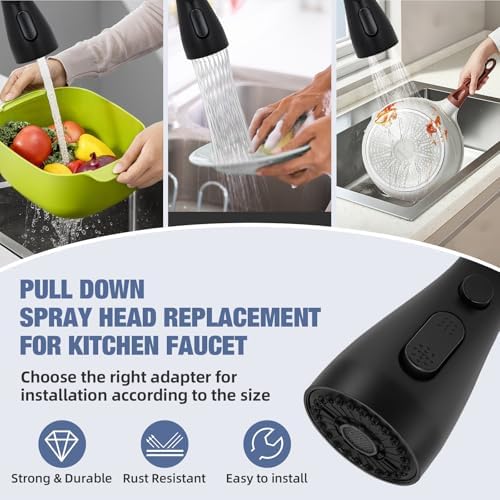Kitchen Faucet Head Replacement, 3-Function Pull Down Spray Head with 9 Adapters, Sink Faucet Spray Head Compatible with Moen, Delta, American Standard Faucet, etc, Matte Black - Image 6