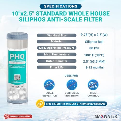 Max Water 10" x 2.5" Anti-Scale Water Filter Cartridge, Siliphos Polyphosphate (PHO) Replacement Filter, Fits Standard 10" Whole House Water Filtration System, Reduces Scale, Corrosion & Iron Staining - Image 2