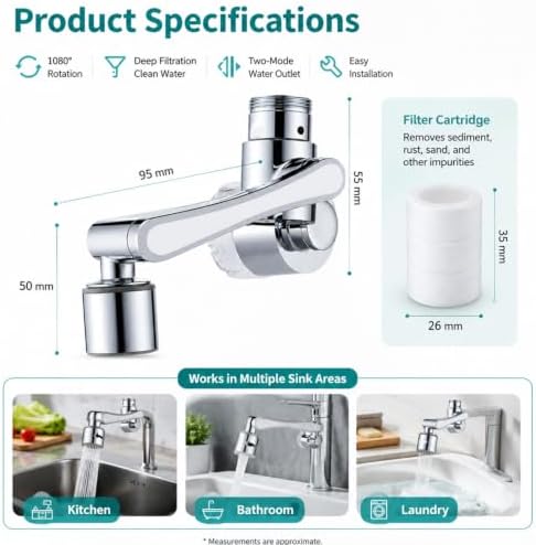 1080° Swivel Brass Faucet Extender, 2-Mode Filter, 20/22/24mm Adapters (Silver) - Image 4