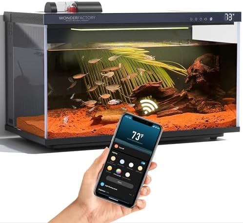 Wonderfactory Smart Aquarium Fish Tank 5 Gallon Starter kit, Self Cleaning System Efficiency Filter 7 Color LED Lights Automatic Feeder Temperature Display Monitor HD Glass, Smart Control with Apps by WONDERFACTORY