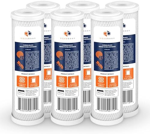 Aquaboon 5 Micron 10 x 2.5 Carbon Block Water Filter Cartridge CTO Whole House Water Filter Replacement Compatible with WHKF-WHWC, FXWTC, 6-PACK by Aquaboon