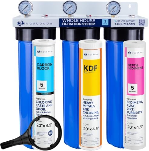 Aquaboon 3-Stage Whole House Water Filter System with 5 Micron 20x4.5 Reducing Sediment and KDF Heavy Metals Water Filter Purification Cartrige, Pressure Gauges, Wrench, Bracket by Aquaboon