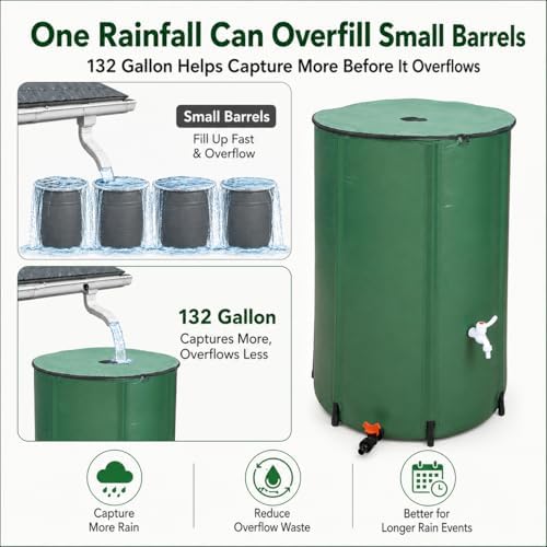 132 Gallon Collapsible Rain Barrel, Portable Rainwater Collection System, Rain Catcher Barrel with Two Spigots and Overflow Kit, Rain Water Barrel Collector for Garden, Green - Image 4