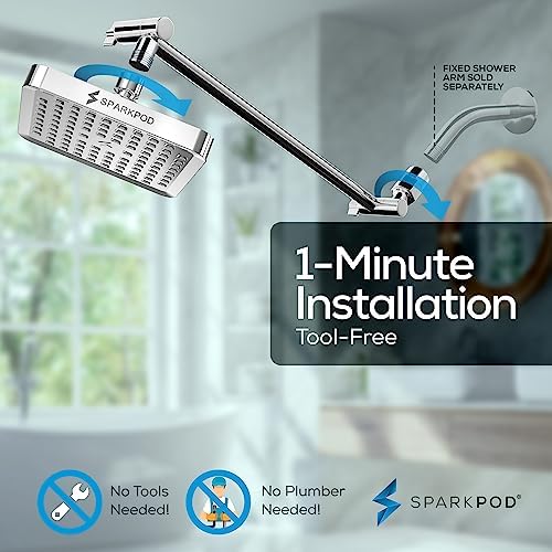 SparkPod Square Rain Shower Head with Extension Arm - Height Adjustable Shower Head with High Pressure Performance - Easy 1-Minute Installation (6" Square, Luxury Polished Chrome) - Image 6