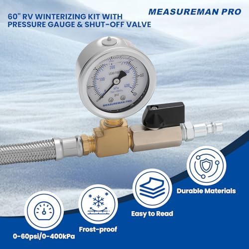 MEASUREMAN Garden Hose Blowout Kit, 0–60 PSI Pressure Gauge,60-Inch Stainless Steel Braided Hose, 3/4 Inch GHT, 1/4 Inch Quick Connect Blowout Plug with Shut Off Valve for Garden Pipe - Image 2