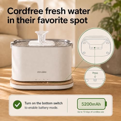 PETLIBRO Upgrade Cat Water Fountain, Cordless Cat Fountain Battery Operated, App Monitoring 3L/101oz Dockstream 2 Pet Water Fountain with Stainless Steel Tray, 5GHz WiFi Dog Water Bowl Dispenser - Image 4