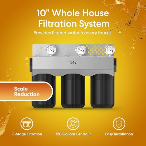 Brio Whole House Water Filter System w/Gauges | 3 Stage Fast-Flow Filtration (Sediment, Phosphate Anti-Scale, CTO Carbon Block) 4.5" x 10" Filters | Improves Taste, Protects Home Appliances | 720 GPH - Image 2