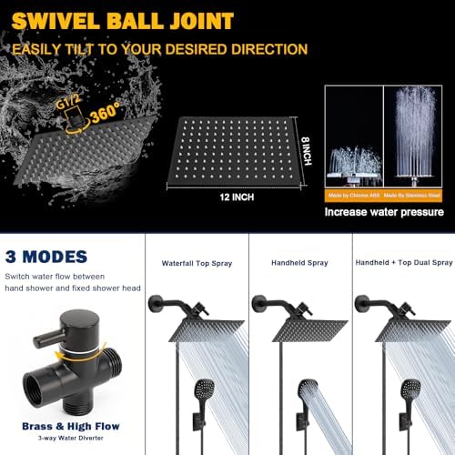 NearMoon Shower Head with Hose, High Pressure Stainless Steel Rain Shower and 3 Settings Handheld Spray Combo with Push Button Flow Control (12 Inch, Matte Black) - Image 4