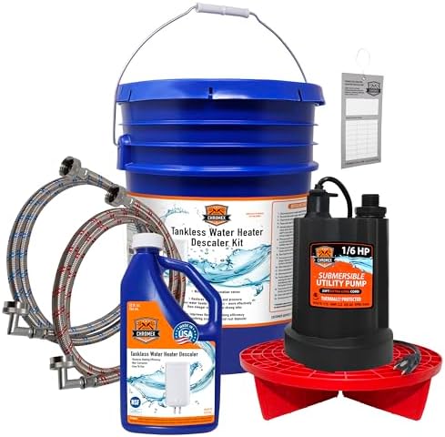 Chromex Tankless Water Heater Flush Kit with NSF Certified Liquid Descaling Solution and Right Angle Inlet Hoses & 1/6HP Extra Strength Pump by Chromex