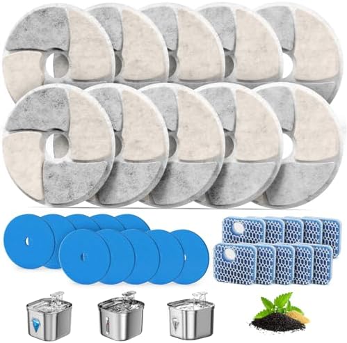 Cat Pet Water Fountain Filters, 10 Pack Replacement Filters Fit for Square 2.2L/73oz Automatic Pet Fountain, Diameter 4.1 Inch Filter with Triple Filtration System (10+10+10) by BAOFUM