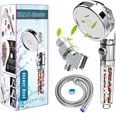 IHAO Filter Showerhead with Bracket Metal Hose High Pressure Handheld Shower Purifying Hard Water Softener Chlorine Flouride Filter Multi Modes Changeable Shower head Fresh Dry Skin & Hair Loss by IHAO