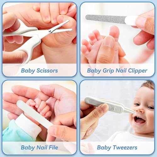 Baby Healthcare and Grooming Kit, 14 in 1 Baby Safety Set Newborn Nursery Health Care Set with Hair Brush Scale Nail Clippers for Baby Girls Boys (14 Kits Grey White) - Image 4