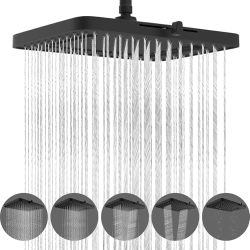 Hibbent cUPC Certified 5 Spray Modes Shower Head, 13'' High Pressure Large Rainfall Shower Head, High Flow Waterfall Bathroom Fixed Showerheads, Adjustable Swivel Ball Joint, Matte Black by Hibbent
