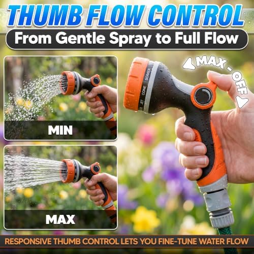 Garden Hose Nozzle, 10 Spray Patterns, Thumb Flow Control, Orange - Image 6