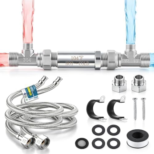 Hot Water Recirculation Valve Kit - 304 Stainless Steel Bypass Valve with 1/2" & 3/8" Connections for Tankless Systems - Includes 20-Inch PEX Lines, Adapters & Teflon Tape by Crispaire