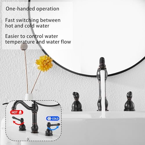 2 Handles 3 Holes Faucet Widespread Bathroom Sink Faucet Basin Tap Mixer Supply Hose Included Matching Pop Up Drain Oil Rubbed Bronze - Image 3