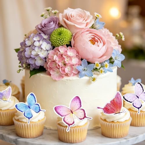 Flower Cake Toppers, Happy Birthday Rose Gold Cake Decorations with Artificial Flowers Butterfly Balls for Wedding Baby Shower Birthday Party Supplies (Lavender) - Image 6
