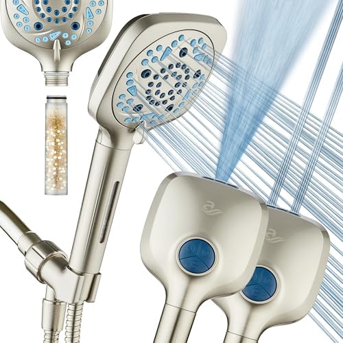 AquaCare High Pressure 10 Spray Mode Filtered Showerhead - Handheld Shower Head Filters Chlorine to Heal Dry Skin, Revive Hair - Dual Power Wash Cleans Tub, Tile, Pets - Hard Water Softener, Nickel by HotelSpa