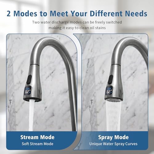 Kitchen Sink Faucet Sprayer Head Replacement, LED Temperature Sensitive Display Pull Down Pull Out Faucet Nozzle (Brushed Nickel) - Image 3