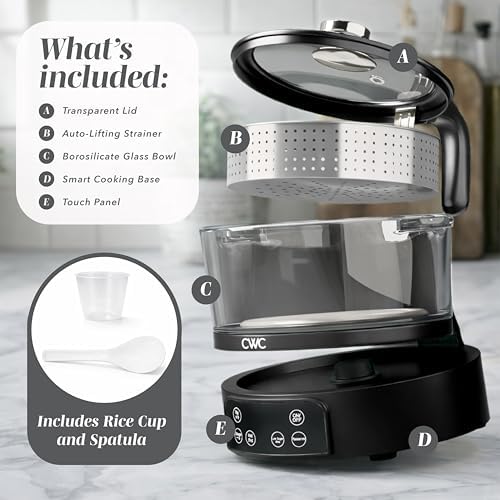 COOK WITH COLOR Glass Mini Low Carb Rice Cooker – Holds 2 Cups Raw/Makes 6 Cups Cooked with Auto Lift Filter Basket, Hotpot & Steamer for Rice, Grains, Digital Panel with Keep Warm, Black - Image 2