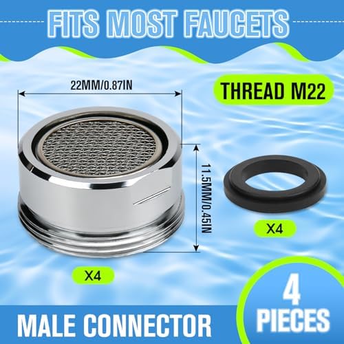 4Pcs Faucet Aerator Replacement, 7/8" 22mm Stainless Steel Rustproof High Flow Water Saving Sink Aerators M22 Male Thread, Universal Bathroom Kitchen Faucet Parts - Image 2