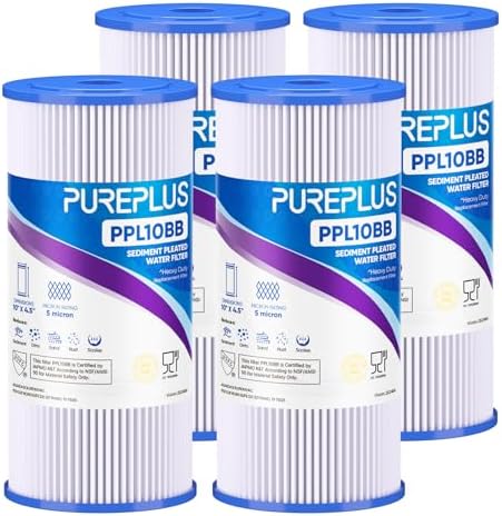 PUREPLUS 5 Micron 10" x 4.5" Whole House Pleated Sediment Filter,4 Pack by PUREPLUS