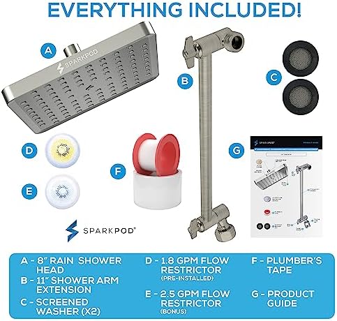 SparkPod Square Rain Shower Head with Extension Arm - Height Adjustable Shower Head with High Pressure Performance - Easy 1-Minute Installation (8" Square, Elegant Brushed Nickel) - Image 7