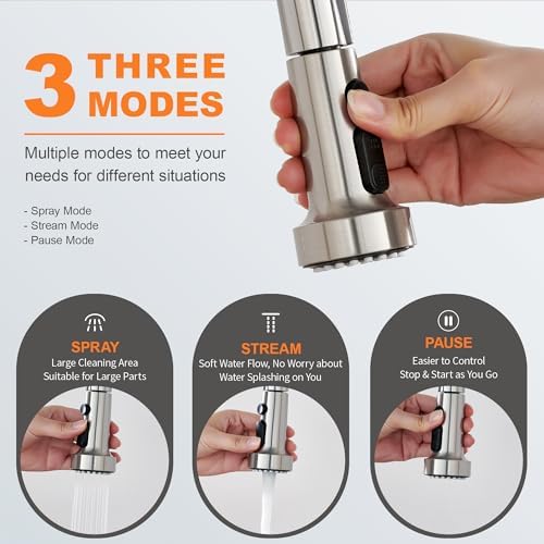 TIORIY with 15 Adapters Pull Down Kitchen Sink Faucet Head Replacement, 3 Functions Plastic Kitchen Sink Sprayer Nozzle Replacement for Kitchen Faucet, Pause Mode (Brushed Nickel) - Image 2