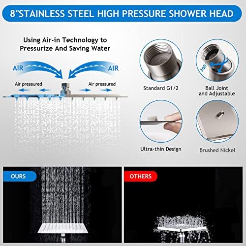 Shower Head Combo(Brushed Nickel),8 Inch High Pressure Rain Shower Head with 11 Inch Adjustable Extension Arm and 5 Settings Handheld Shower Head Combo,Powerful Shower Spray Against Low Pressure Water - Image 4