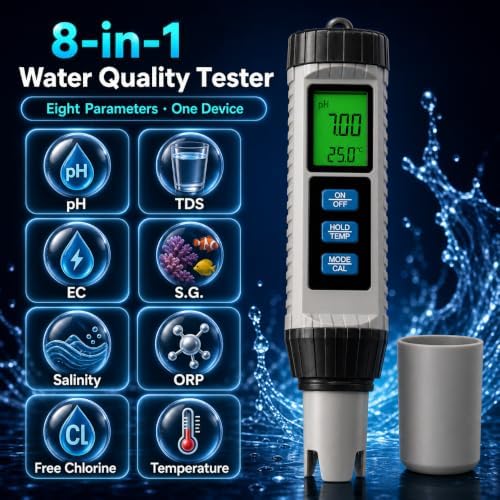 Salt Tester for Saltwater Pool, 8 in 1 Multi-Parameter Water Analysis,pH Tester、TDS、EC、Salinity、ORP、SG、CL、Temp、EC Meter for Pool Hot Tub Swimming Aquarium,Professional Water Tester for Drinking Water - Image 3