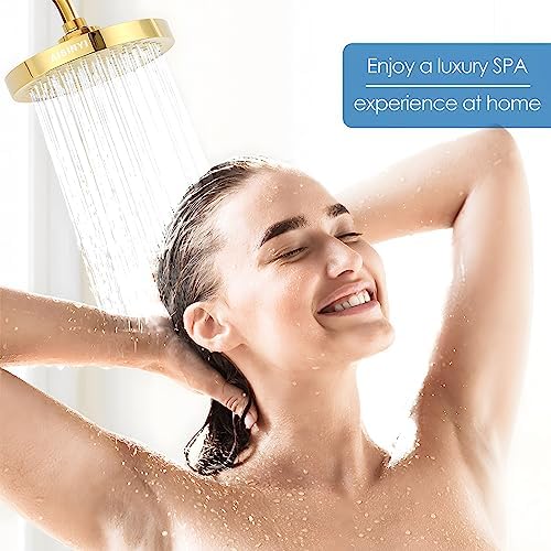 High Pressure Rainfall Shower Head, 6 Inches Showerhead with Perfect Adjustable Replacement, Removable Restrictor, Easy Installation for Your Bathroom Shower Heads (Deluxe Gold + Shower Arm) - Image 2