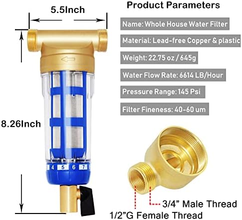 Beduan Whole House Spin Down Sediment Water Filter 50 Micron Reusable Pre Filter System Protector, 3/4" Male Thread, 1/2" Female Thread - Image 2