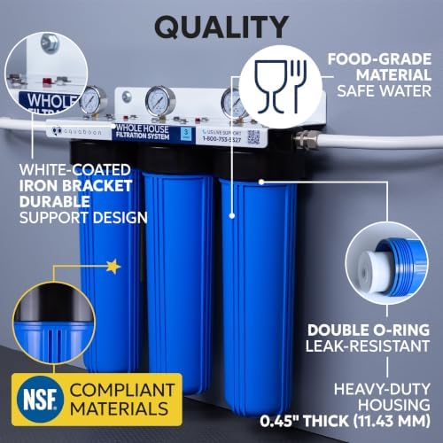 Aquaboon 3-Stage Whole House Water Filter System with 5 Micron 20x4.5 Reducing Sediment and KDF Heavy Metals Water Filter Purification Cartrige, Pressure Gauges, Wrench, Bracket - Image 3