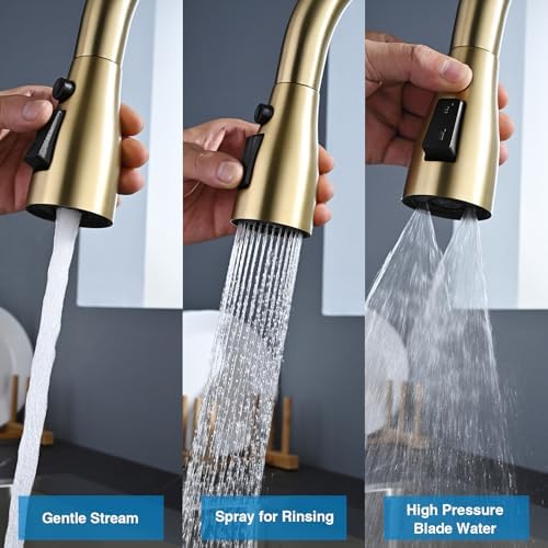 Metal Kitchen Faucet Head Replacement, 3 Functions Kitchen Faucet Head High Pressure, Brushed Gold Pull Down Kitchen Sink Sprayer Replacement with 9 Adapters Compatible with Most Faucets - Image 3