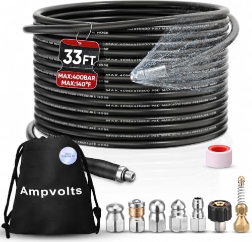 33 ft Slim Sewer Jetter Kit, 5800 PSI, 5 Nozzles, 2 Adapters by Ampvolts