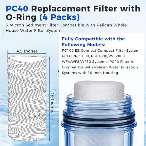 PC40 10 Inch 5-Micron Sediment Replacement Filter Cartridge 4 Packs with 8 O-Rings, High Capacity Whole House & RO System Universal Water Filtration Seamless Compatibility with Pelican Water Systems - Image 2