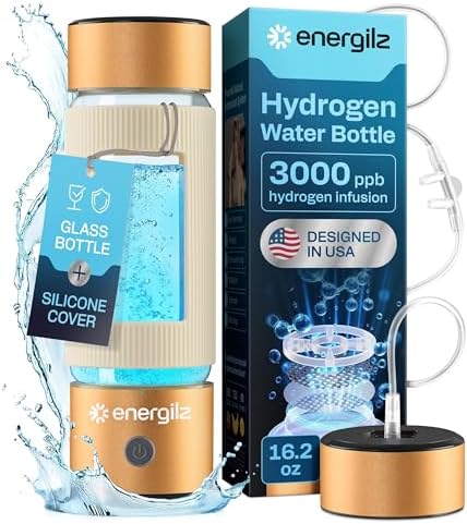 Hydrogen Water Bottle | Large 16.2 oz (480 ml) Hydrogen Water Bottle Generator 3000 ppb | Hydrogenator Machine | SPE/PEM Hydrogenated Ionizer Generator(Golden w/Beige) by Energilz