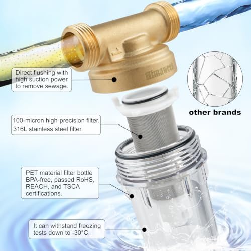 Himaweek WSP-100 Spin Down Sediment Prefilter, Whole House Reusable Flushable Water Filter 100 Micron, 1" MNPT & 3/4" FNPT Lead-Free Brass Water Pre Filter for Well Water Home Plumbing System - Image 5