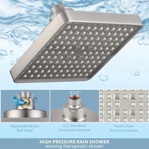 High Pressure Rain Shower Head with Filtered - 6" Square Showerhead Filter for Remove Chlorine and Harmful Substances, Improve Hair and Skin Problems, Brushed Nickel - Image 5