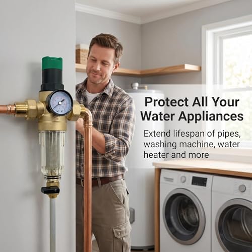 Whole House Spin Down Sediment Filter with Manual Pressure Regulator - Reusable 50 Micron SS Filter screen, BPA-Free Brass Body, Built-in- Gauge, 3/4"NPT（DN20）Ports, Easy Flush Pre-filter - Image 6