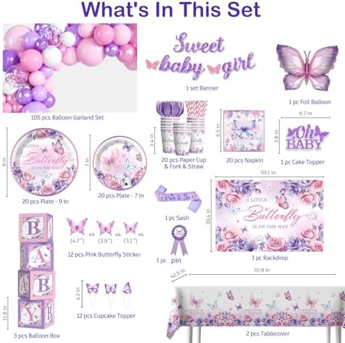 cocomigo Butterfly Baby Shower Decorations, Balloons Plates and Napkins Set - Image 2